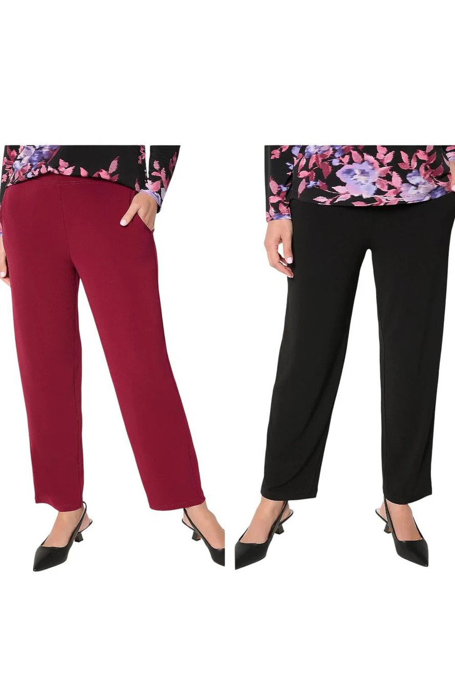 Susan Graver Women's 2pk Liquid Straight Leg Ankle Pants Black/Wine - Regular
